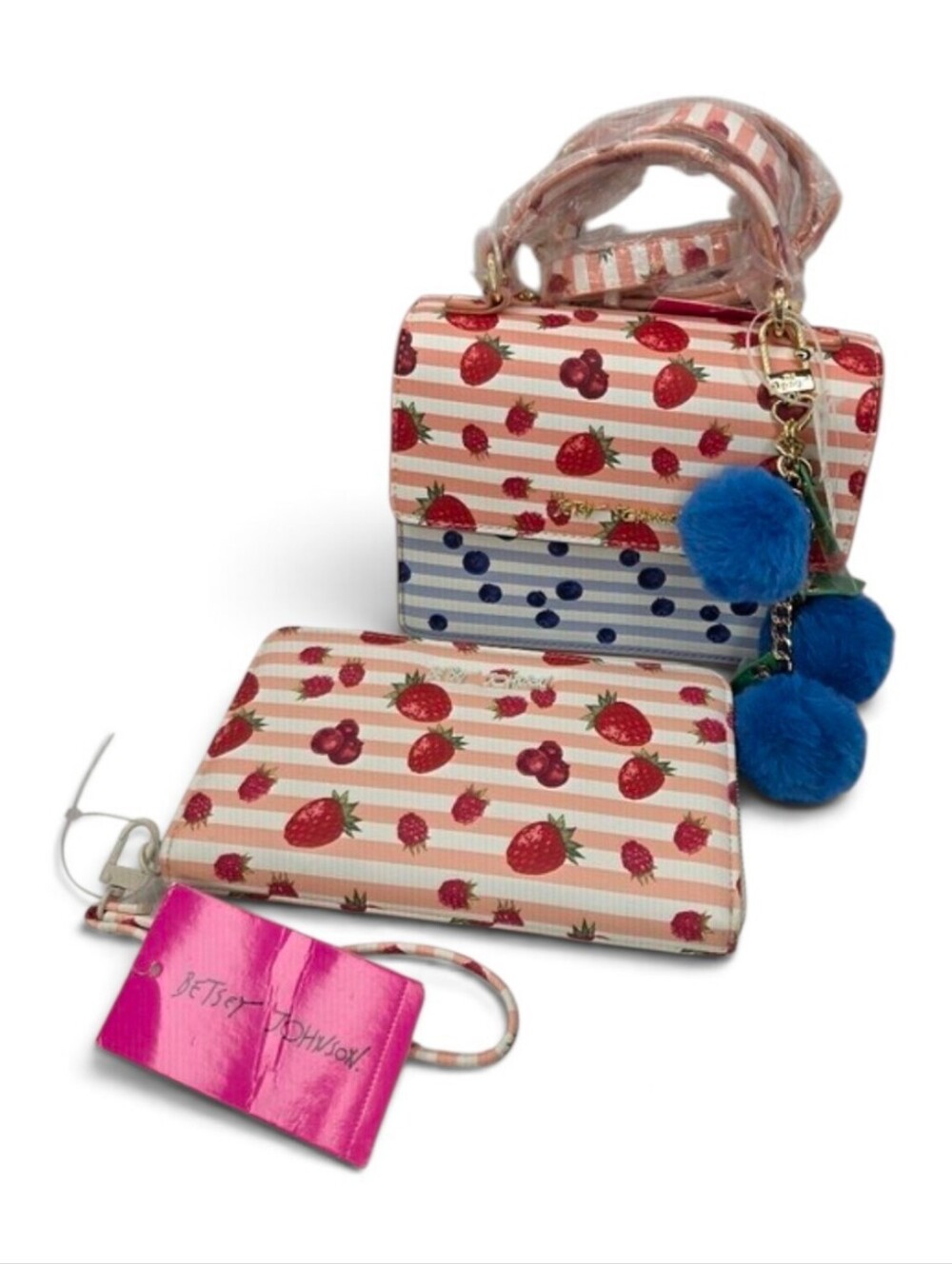 💕▪️ Betsey Johnson▪️ Strawberry/blueberry Stripe Satchel And Wallet Bundle Set